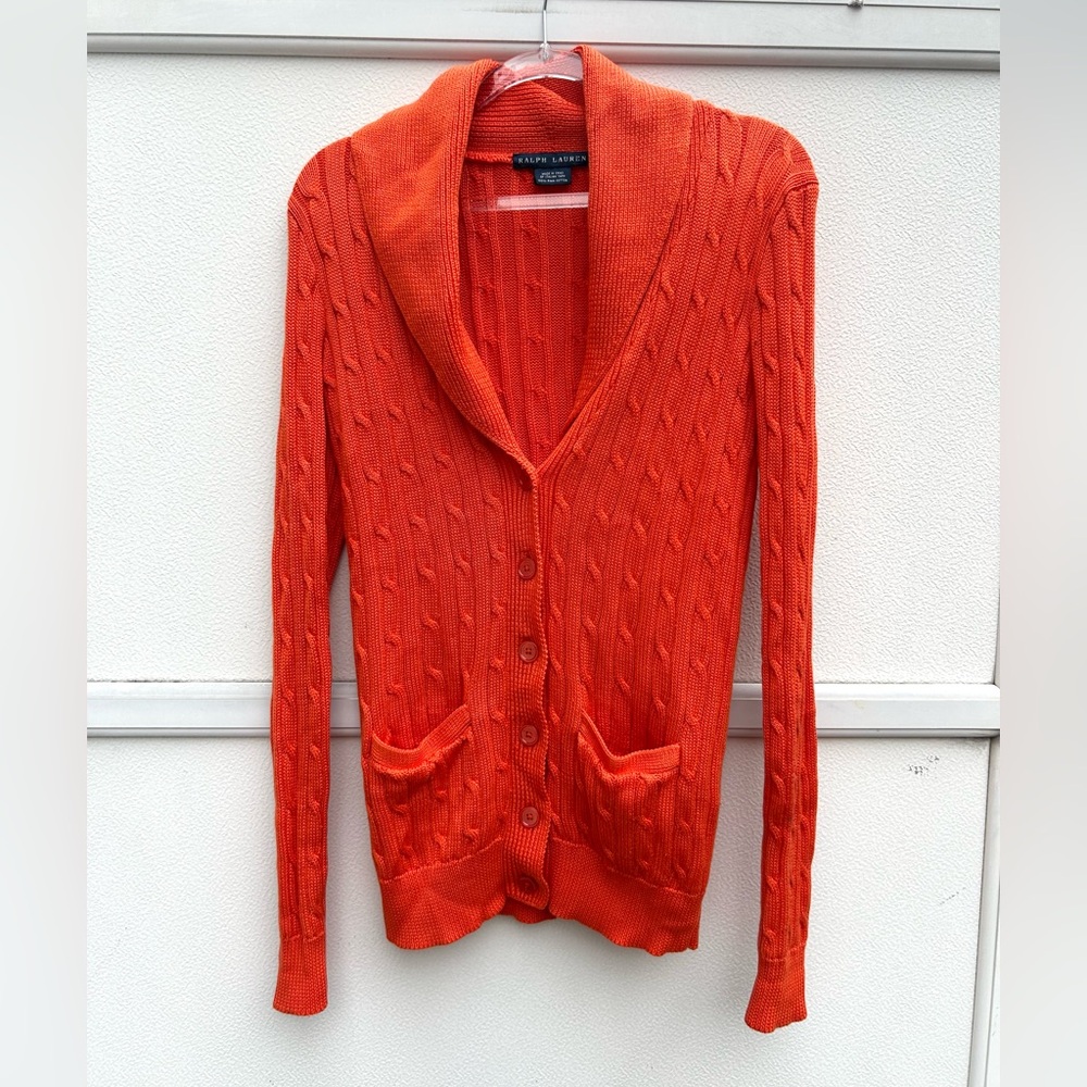 Ralph Lauren Cardigan Sweater Women M Orange Cable Knit 100% Pima Cotton Pockets - Picture 6 of 13